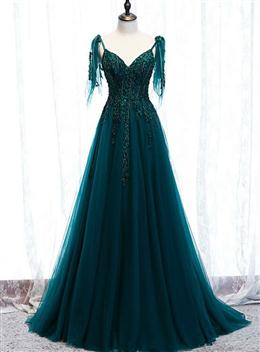 Picture of Lovely A-line Straps Tulle Teal Blue Long Evening Dresses Prom Dresses, A-line Formal Dress